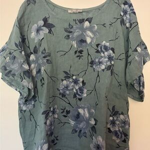 Floral Ruffle Sleeve Top in Sage by Elana Baldi 100% Italian Linen